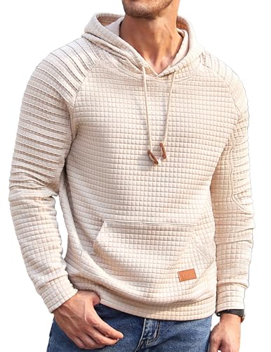 Image of COOFANDY Men Hoodies Plaid Jacquard Soft Hoodie Casual Sweatshirt with Pocket Light Khaki M