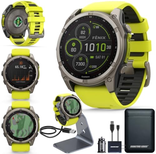 Garmin Fenix 8 Premium Multisport GPS Running Smartwatch, 51 mm, Zafiro, Solar, Linterna Integrada, Titanio con Amplificador Amarillo/Grafito Banda con Soporte de Carga Signature Series