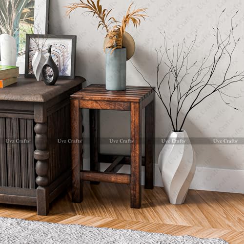 Image of Solid Mango Wood Sitting Stool 18 Inch | Wooden Stool for Living Room, Bedroom, Dressing Table & Pooja | Vanity Stool for Adults | Strong Solid Wood Stool