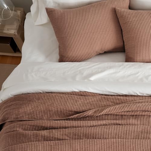 Image of EVERGRACEHOME Cotton Coverlet Set Full Queen Size 3 Pieces, Lightweight Soft Ribbed Matelasse Bedspread Quilt Set, Cozy Oversized Quilted Bedding Set with 2 Pillow Shams for All Seasons, Clay