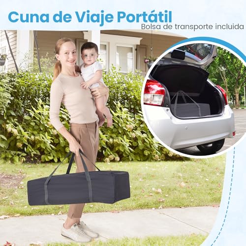 COSTWAY Cuna de Viaje para Bebé 4 en 1, Parque Plegable Portátil con Cambiador, Dosel y Red, Caja de Música, Colchón y Bolsa de Transporte para Bebés (Gris Claro) - imagen 6
