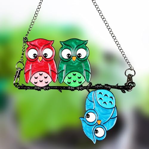 Mehrfarbige Eule auf einem Draht-Buntglas-Fensterbehang, Fensterdeko...