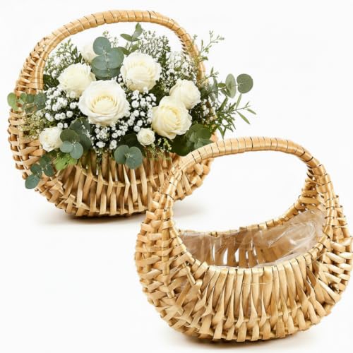 Image of Taiyin 2 Pack Rattan Flower Girl Basket Half Moon Straw Wicker Basket with Handle 6.7 inch x 6.5 inch x 4.3 inch Ideal for Wedding Flower Girl, Picnic, Garden Storage and Home Decor (Nature)