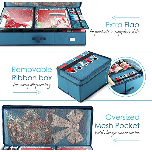 Image of Hearth & Harbor Wrapping Paper Storage Container - Christmas Storage Bag with Ribbon Dispenser and Interior Pockets - Gift Wrap Organizer Fits Up to 26 Rolls of 40 inch Length, Blue
