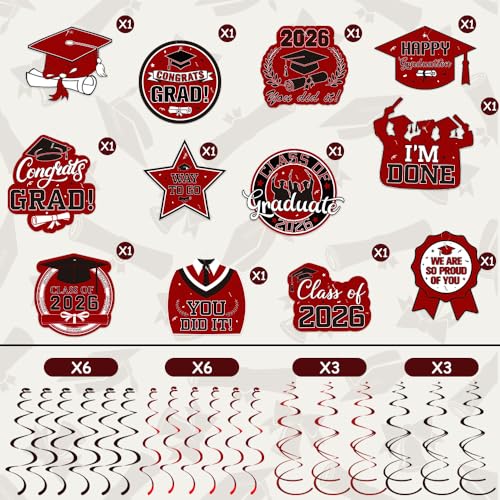 Image of Graduation Hanging Swirls Decorations, Red and Black Graduation Party Decorations, 30PCS Class of 2026 Streamers Ornaments for Classroom Ceiling Office High School College Congrats Grad Party Favors