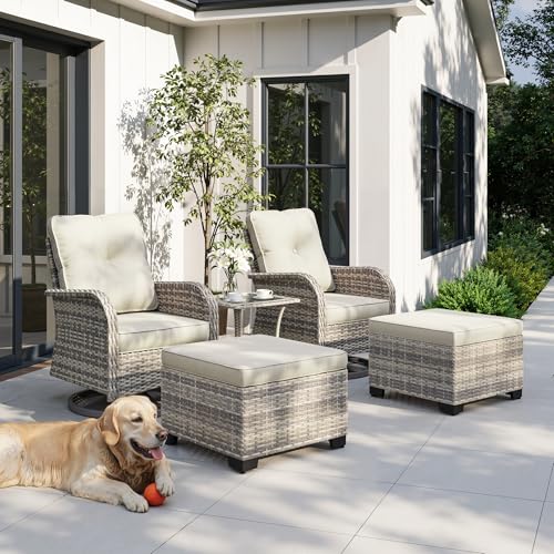 Image of 5-Piece Small Patio Furniture Set, Outdoor Swivel Rocking Chairs Set with Ottomans, Patio Bistro Set for Balcony, Deck, Porch,Ivory