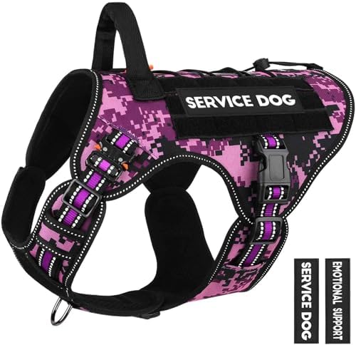 PETNANNY Tactical Dog Harness Reflective with ID Card,Service Dog Vest Harness for Medium Large Dogs,Emotional Support Vest with Padded Handle，2 Reflective Patches for Training Hunting（Purple Camo,L）