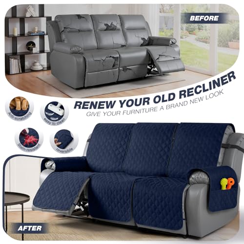 Image of TAOCOCO 100% Waterproof Recliner Covers, Recliner Sofa Covers with Leg Straps, Reversible Recliner Couch Cover for Reclining Chair, Washable Couch Protector for Pets Kids(3 Seater, Dark Blue)
