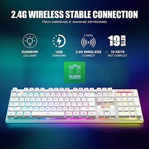 Image of RedThunder K10 Wireless Gaming Keyboard, LED Backlit Rechargeable 3800mAh Battery, Mechanical Feel Anti-ghosting Keyboard for PC Gamer (White)