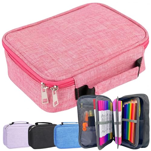 Estojo Escolar, Grande Capacidade, Box Jumbo Com Alça E Elastico Para 72 Canetas Ou Lápis, Feminino Masculino, Organizador Divisórias Zíper (Rosa)