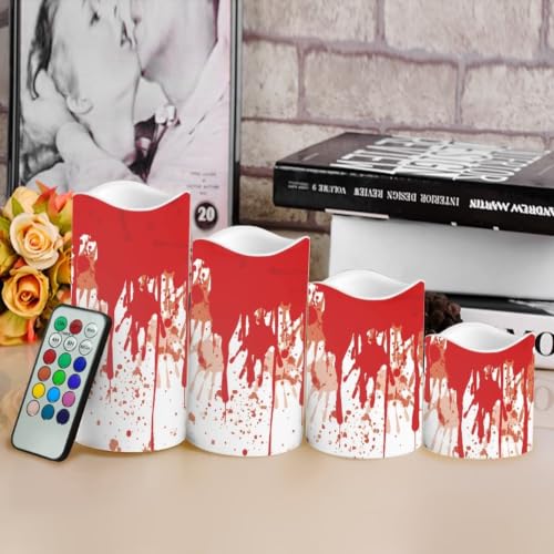 Image of Blood Splatter Flameless Candles Set of 4 with Remote Control | Halloween LED Flameless Candle Set with Timer, Battery Operated Fake Candles for Kitchen Room Home Decor