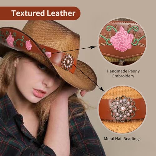 Image of Cowboy Hats for Women, Brown Cowgirl Hats Classic Straw Western Hats for Women Music Festival Party Beach.
