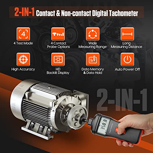 Tachometer Contact & Non-Contact Digital Tachometer 4 Test Mode Laser Photo Tachometer 1.0～99999Rpm High Accuracy Rpm Tachometer With 4 Contact Probes, Backlit Display, Data Memory/Hold,Auto Power Off #TOP1