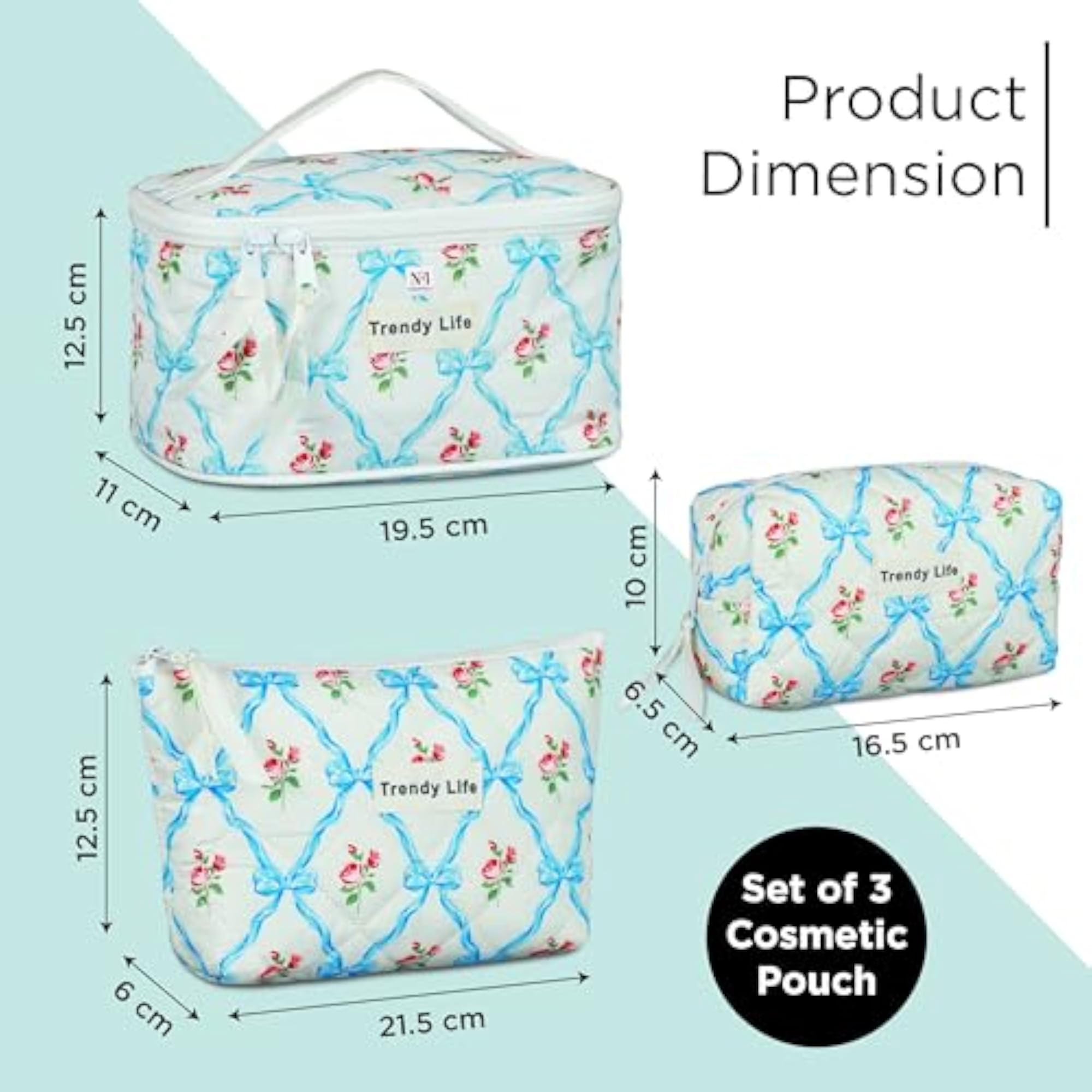 3 Pc Cotton Quilted Makeup Pouch Set, Travel Toiletry Organizer