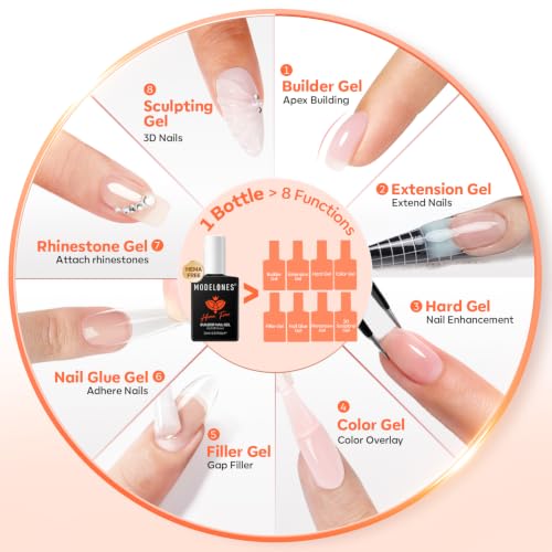 Image of modelones Builder Nail Gel HEMA-Free Neutral Nude Builder Strengthener | in-1 Nude Hard Rubber Color Base Gel Polish Strengthener for Nail Extension, Natural Apex, Self-Leveling, U /V Cured Salon