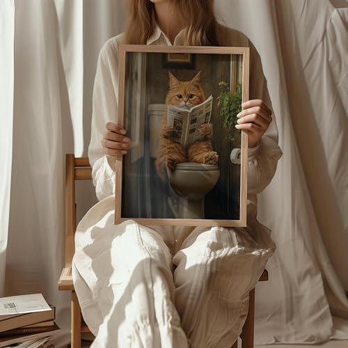 Image of Cat 3 on Toilet Wood Framed Wall Art Print Poster, Dog Bathroom Humor Decor Posters Prints for Restroom Home Picture Painting Artwork Gallery 7 (Cat 3, 11 inchW x 14 inchL, Wood Frame)