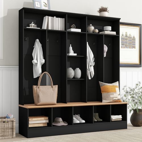 Image of Ball & Cast Wide Hall Tree with Storage Bench, 4-in-1 Entryway Shoe Cabinet with Cube Storage & Open Shelves, Coat Rack with 8 Hooks, Modern Minimalist Mudroom Organizer, Black