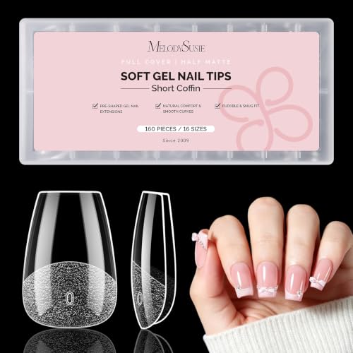 Image of MelodySusie Short Coffin X Nail Tips - 16 Sizes 160 Pcs | Pre-Shaped Soft Gel,Half Matte Full Cover Clear Acrylic Press on Nails for DIY Extension&Salon,Long-Lasting Manicure