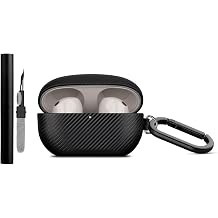 LOPIE Carbon Fiber Texture Case for Sony WF-1000XM5 with Cleaner Kit - Vegan Leather Cover for Earbuds WF 1000XM5 Charging Case - Protective Hard Cover with Keychain - Black