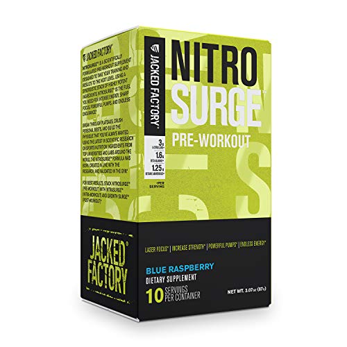 NITROSURGE Pre Workout Supplement - Energy Booster, Instant Strength Gains, Clear Focus, & Intense Pumps - Nitric Oxide Booster & Powerful Preworkout Energy Powder - 10 Stick Packs, Blue Raspberry