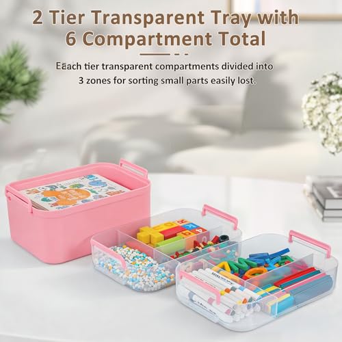 Image of Gifhomfix 3-Layer Plastic Craft Organizers and Storage Box with Removable Trays, Storage Containers with lids and Handle, Art Supply Storage Organizer for Bead, Ornament, Nail Polish, Tape(Pink)