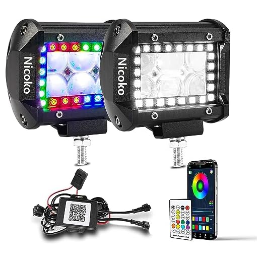 Nicoko 18w 4Inch Cree Led Work Light bar with Multi-Color Chasing RGB Halo 10 Solid Colors Over 72 Flashing Modes Offroad Pods Lights LED Driving Lamp Fog Lights for Truck Jeep 1 Year Warranty Pack 2
