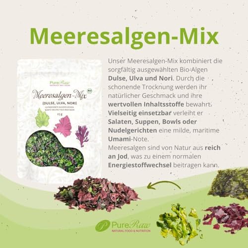 Meeresalgen-Mix Bio Algen-Flocken Getrocknet Atlantik - Dulse Ulva Meersalat Nori (Roh Vegan) Seetang Mischung Umami-Würze für Salat, Dashi, Salzersatz - Organic Raw Dried Seaweed Flakes I PureRaw 25g