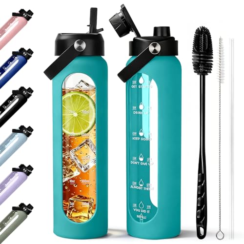 Image of Aqulea 32 oz Glass Water Bottle with 2 Lids - Spout & Straw Lids, 1L Motivational Borosilicate Glass Water Bottle with Time Marker & Silicone Sleeve, Leakproof (Aqua)