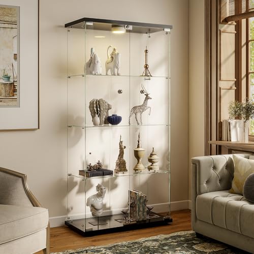 HAMBING Glass Display Cabinet with LED Lights and Lock, 4-Shelf