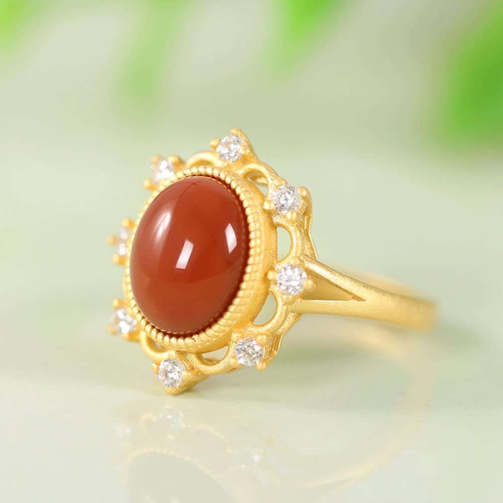HGJH Ringe Silber, 925Er Sterlingsilber Vergoldete Micro-Set Zirkon Blumenform Ausschnitt Boho Oval Roter Achat Ewigkeitsringe Vergoldete Trauringe Versprechen Ringe Für Mädchen Damen