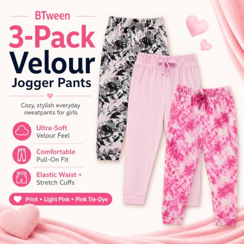 Image of BTween Girls 3 Pack Velour Jogger Pant Set Solid, Tie Dye or Camo Sweatpants for Girls
