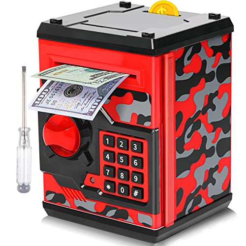 Atm Piggy Bank For Boys Girls, Vcertcpl Mini Atm Coin Bank Money Saving Box With Password, Kids Safe Money Jar For Adults With Auto Grab Bill Slot, Great Gift Toy Bank For Kids(Camouflage Red) #TOP5