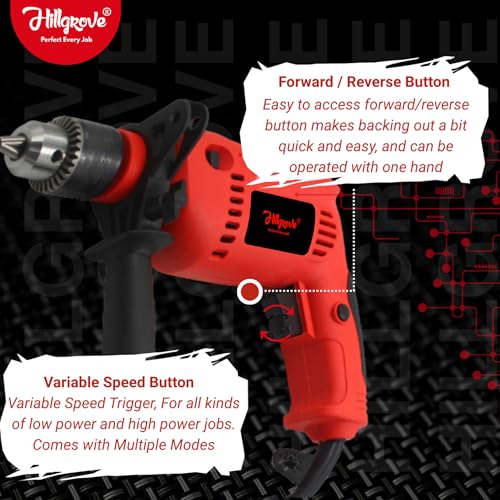Image of Hillgrove HGCM1152M1 700W Power Drill Machine with 9Pcs All Type Drill Bits for Making Holes in Metal /Wood /Concrete with Reverse Rotation and Variable Speed Pistol Grip Drill (13 mm Chuck Size)