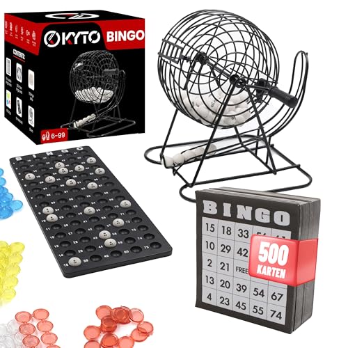 Kyto Bingo Spiel Metalltrommel 18 Bingotickets, 75 Bingo Kugeln, 150 Chips Spielbrett + 500 Bingokarten schwarz Erwachsene Kinder