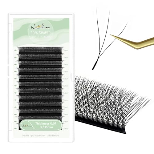 Natuhana W Extensiones de Pestañas 3D Pelo a Pelo 0.07mm D Rizado 15mm Prefabricado Natural Volumen Ruso Clover Negro Profesional Eyelash(0.07, D, 15mm)