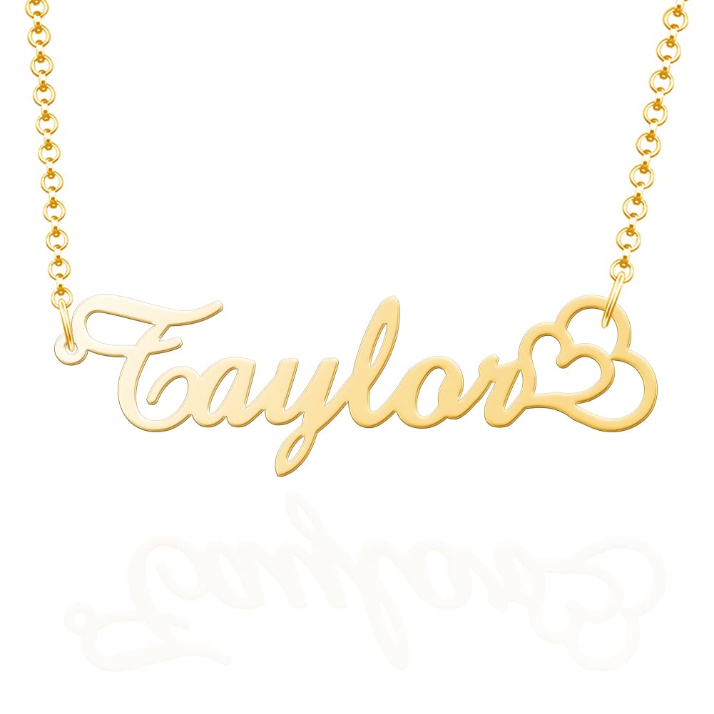 Q&Locket Double Heart Love Personalized Name Necklace Silver/Gold/Rose Gold Plated Stainless Steel Nameplate Custom Initial Pendant Necklaces for Womens Girls Mens Boys