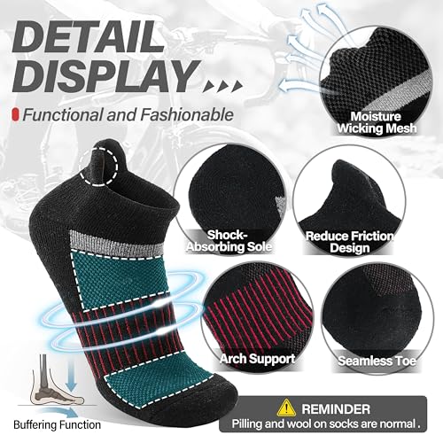 Image of 6 Pairs Merino Wool Ankle Running Hiking Socks Compression Support Breathable Thick Cushion No Show Socks for Women Men