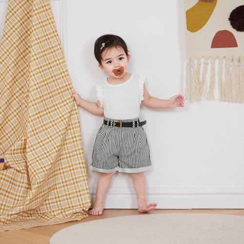 Toddler Baby Girl Summer Clothes Solid Sleeveless Ruffle Tank Top and Striped Short Set Newborn Infant Girl Outfits3