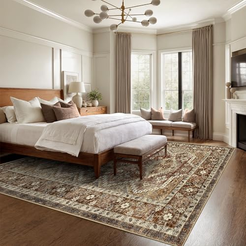 Rugland 9x12 Area Rug - Stain Resistant Washable Rug, Anti Slip Backing Rugs for Living Room, Vintage Tribal Area Rugs (TPR07-Rust, 9'x12')