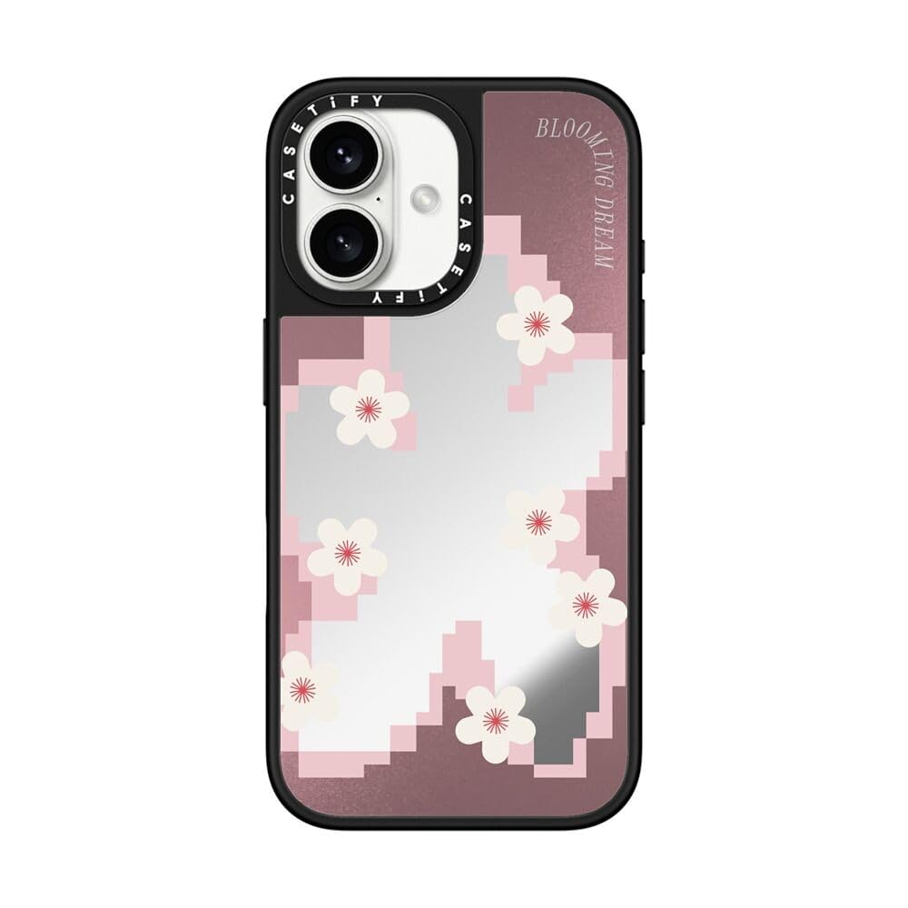 CASETiFY ミラー MagSafe対応 iPhone 16 ケース [反射性 / 1.5mからの落下試験をクリア (MIL規格1倍相当) / ワイヤレス充電およびMagsafe対応] - Shiny Pink Pixel Sakura - クリア ブラック