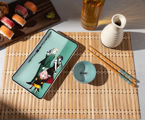 Image of Silver Buffalo Spy X Family Japanese Anime Featuring Anya Forger, Loid (Twilight), and Yor (Thorn Princess) Ceramic Sushi Set with Dipping Sauce Dish and Matching Chopsticks