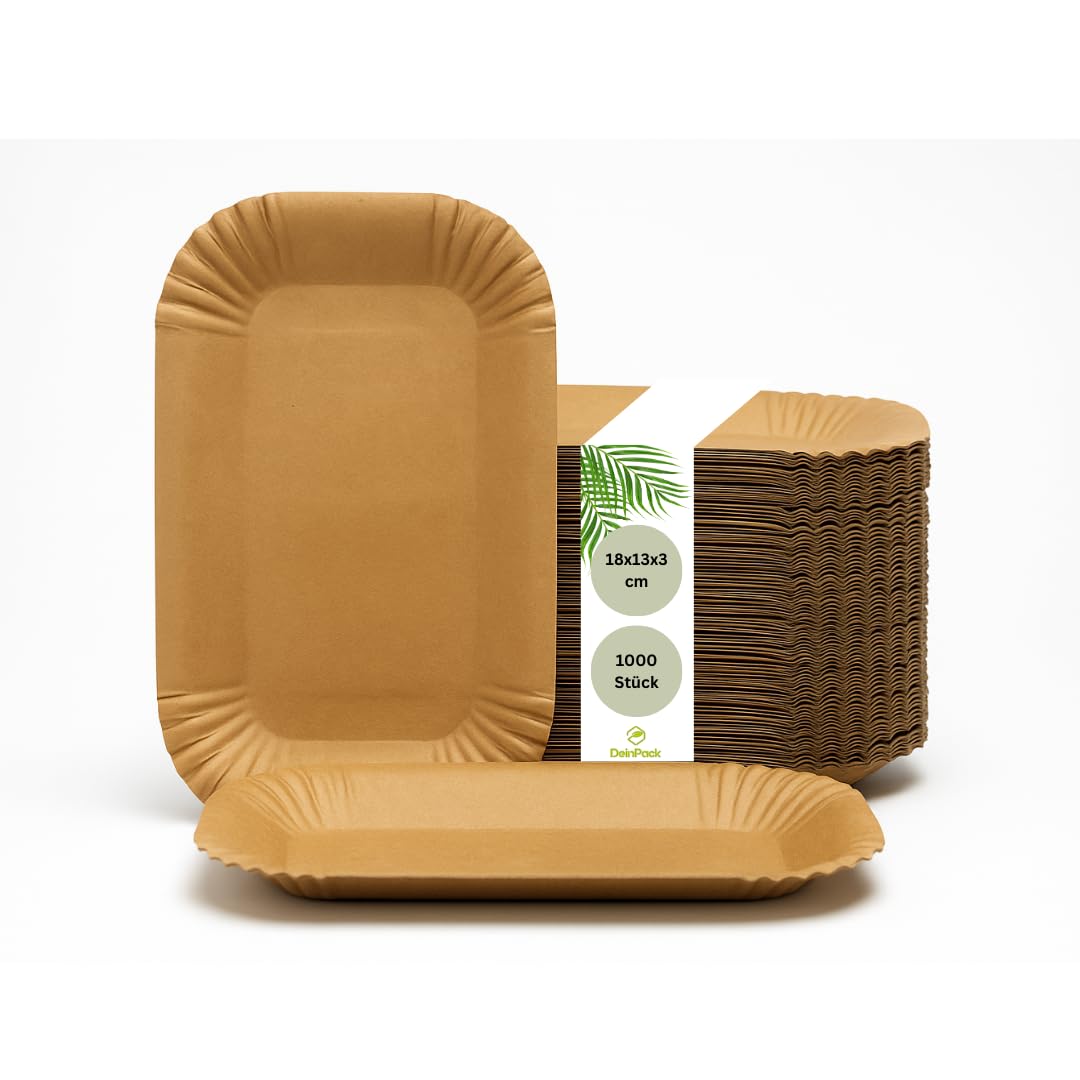 Lot de 1000 bols en carton rectangulaires 18 x 13 x 3 cm I Assiettes à collation marron en carton recyclé pour frites saucisse au curry I Recyclables et respectueux de l'environnement I Bols