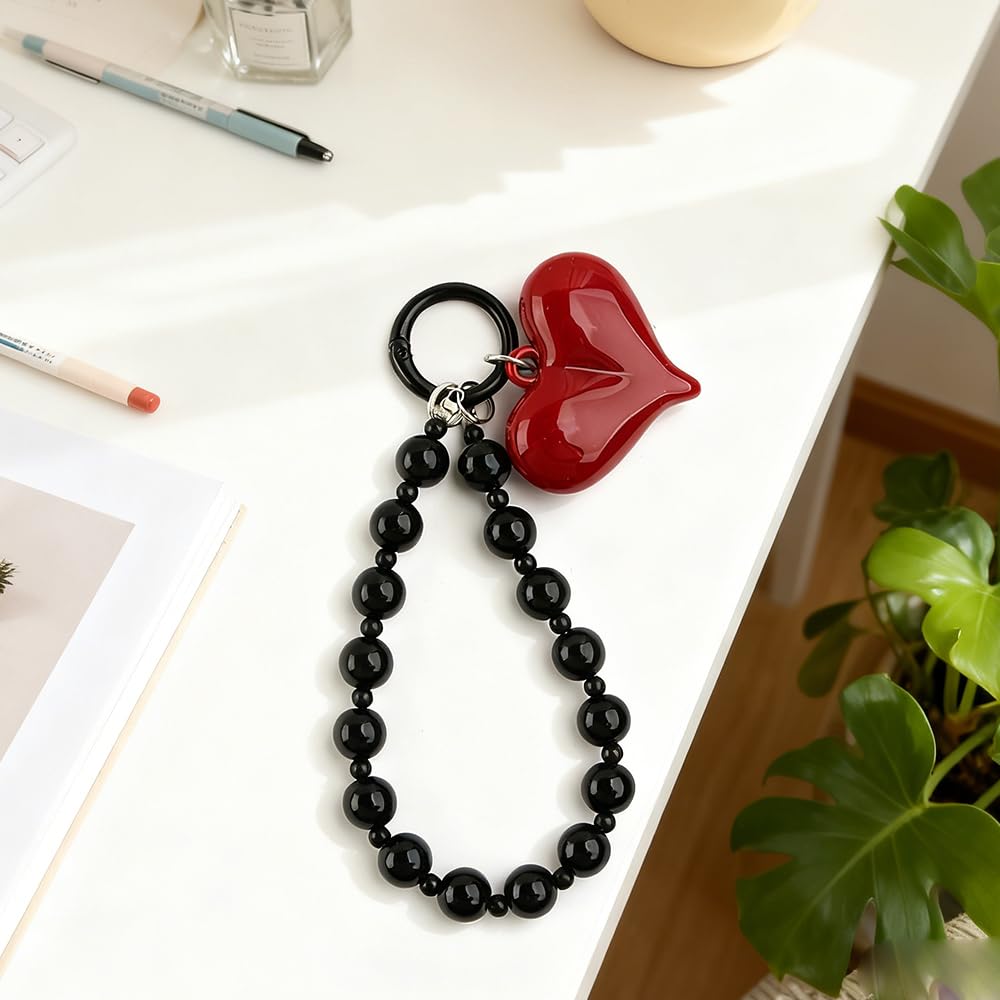 Red Heart Phone Charm Strap Black Beaded Phone Lanyard Cute Bag Charms for Handbags Cellphone Chain Wristlet Heart Bag Charm Purse Keychain for Women Cellphone Keychain Beaded Camera Wrist Strap — view 6