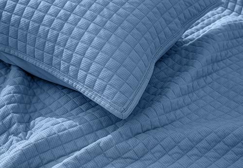 Image of Wonderful 3 Piece Waffle Weave Quilt Set Full Size, Blue Lightweight Bedspread Coverlet for All Season, Ultra Soft Microfiber Bedding Set with 2 Pillow Shams, Waffle Pattern Quilted Design 90 inchx90 inch | Breathable & Cozy