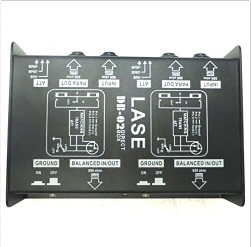 Top view of LASE DB-02 with internal circuit diagrams for each channel, showing input, parallel out, attenuation, matching transformer, ground, and balanced in/out.