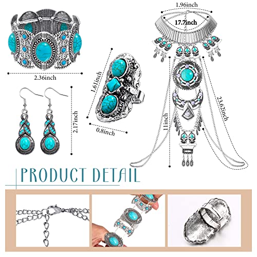 4 Pcs Boho Turquoise Jewelry Set Includes Boho Statement Necklace Body Chains Alloy Oval Resin Drop Dangle Earrings Adjustable Heart Compressed Turquoise Bracelet Statement Ring for Women2