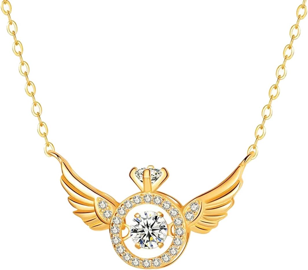 Gold-plated Circle With Angel Wings Crystal Ring Pendant Necklace For Girls And Women