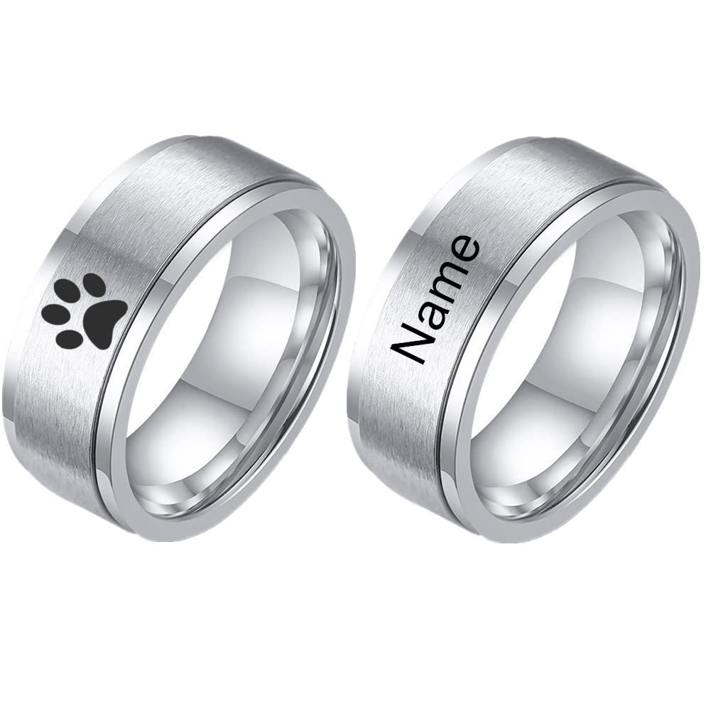 KBNSUIAN Personalised Dog Cat Name Engraved Memorial Pet Paw Spinner Ring Stainless Steel 8mm Fidget Anxiety Relief Band Ring, Pets Keepsake Jewellery Remembrance Gifts for Pet Loss, Size10,Silver