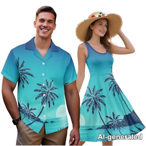 Image of Hawaii Matching Couple Outfits Husband and Wife Clothing Fashionable Mens Casual Shirts Hawaii Dress with Soft Fabric