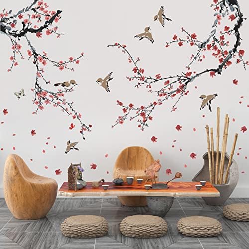 RW-4919 Creative Red Flowers Wall Decals Plum Blossom Black Tree Branches Wall Stickers DIY Removable Chinese Style Cherry Floral Birds Butterfly Wall Decor for Kids Girls Bedroom Living Room Nursery